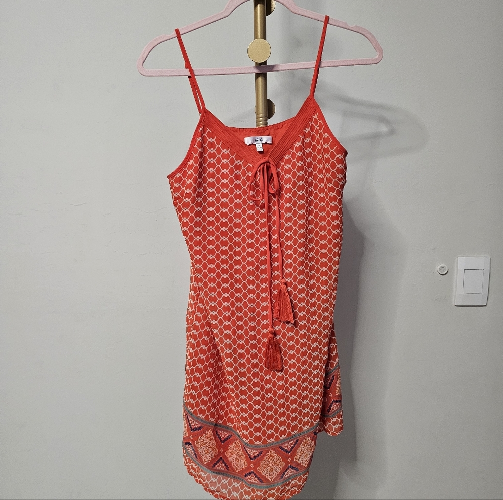 Norah Coral Lattice Boho Print Tassel Tie Sundress Mini Dress Size Small